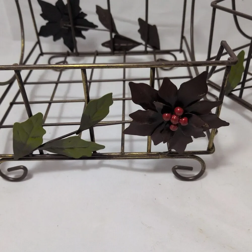 Vintage Christmas Poinsettia Metal Wire Napkin Holders - Set of 2 7x7